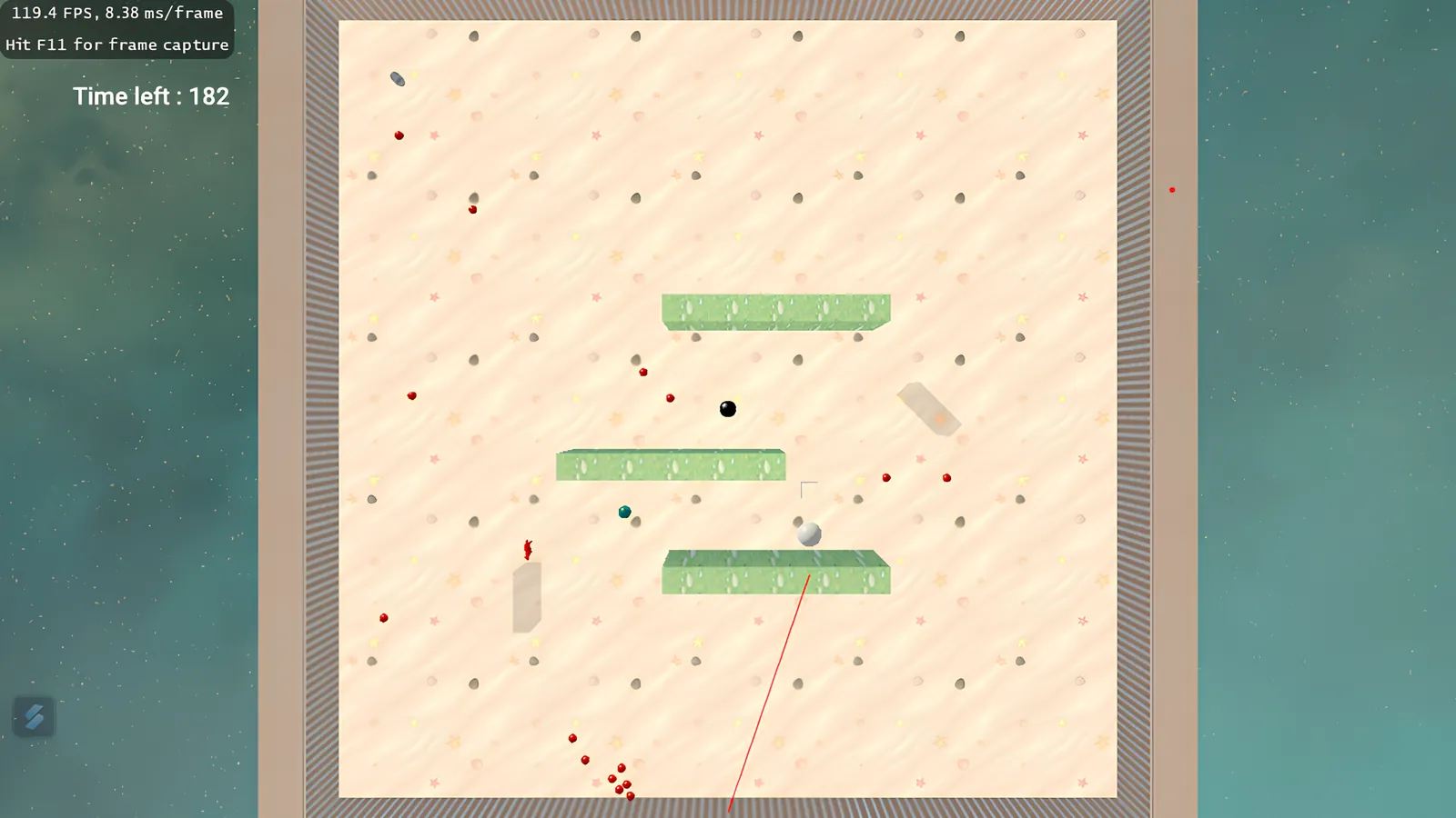 Top-down view of a sandy arena with green blocks, red collectibles and a timer reading 182 seconds